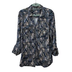 Simplicity by Azul Women' Blue Black Abstract Roll-Tab Sleeve Button-Front Top L